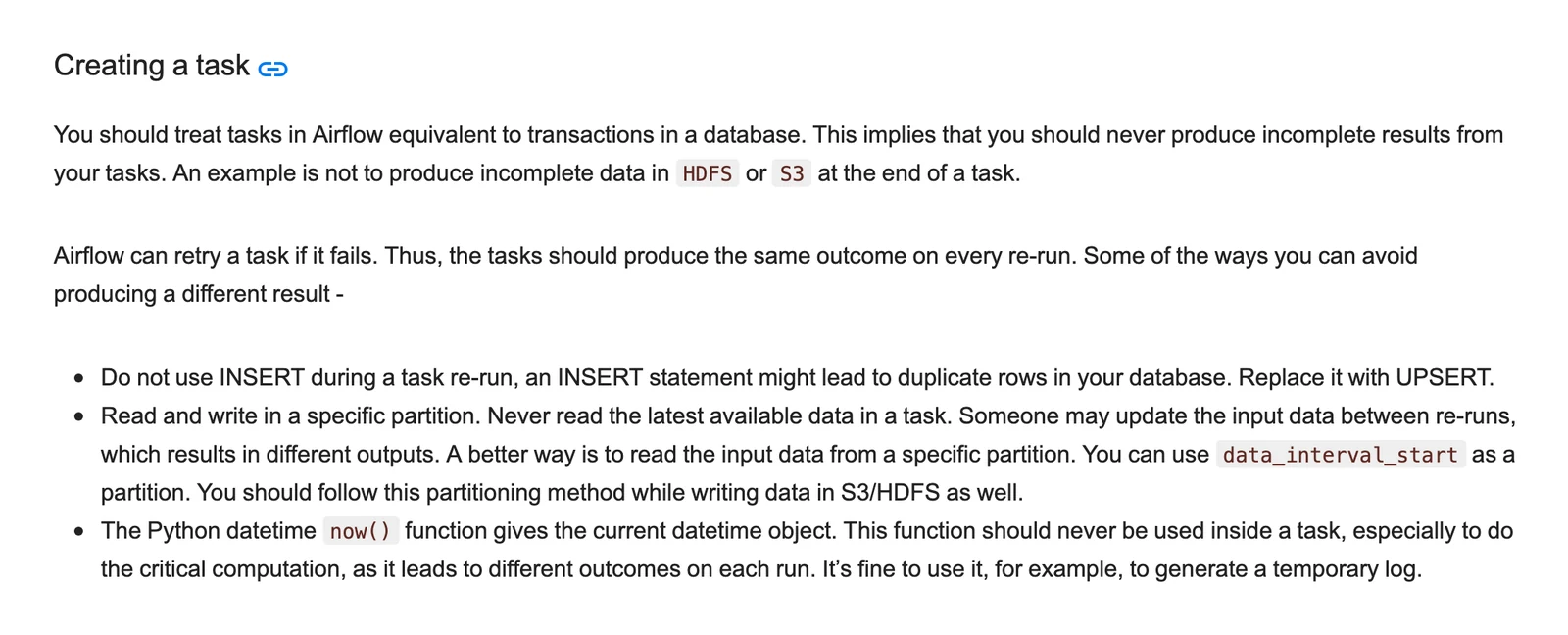 Apache Airflow best practices page, Creating a task section, with the INSERT, partition and now() re-run rules