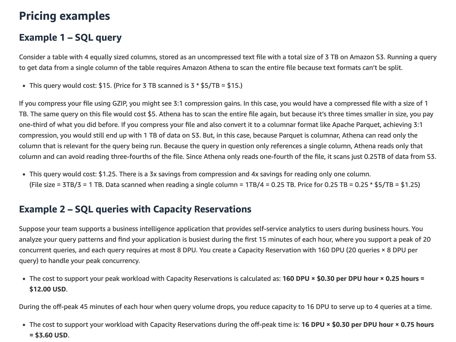 Athena pricing example: a 3 TB text file costs 15 dollars to scan, a compressed Parquet column 1.25 dollars