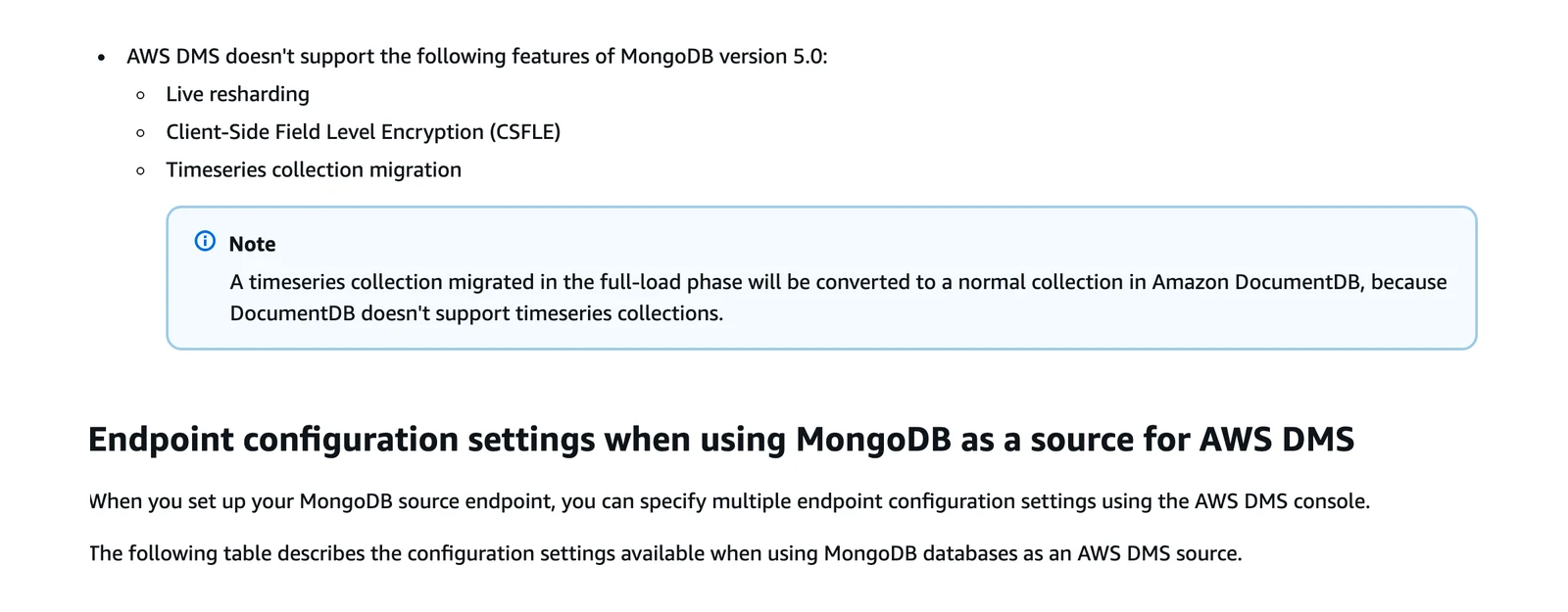 AWS DMS MongoDB source documentation listing live resharding, client-side field level encryption and timeseries collection migration as unsupported