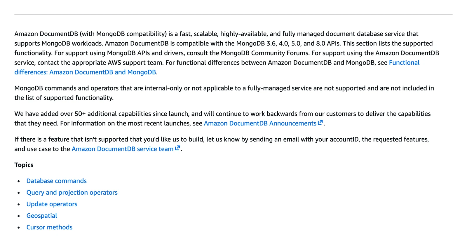 Amazon DocumentDB documentation stating it is compatible with the MongoDB 3.6, 4.0, 5.0 and 8.0 APIs and lists supported functionality