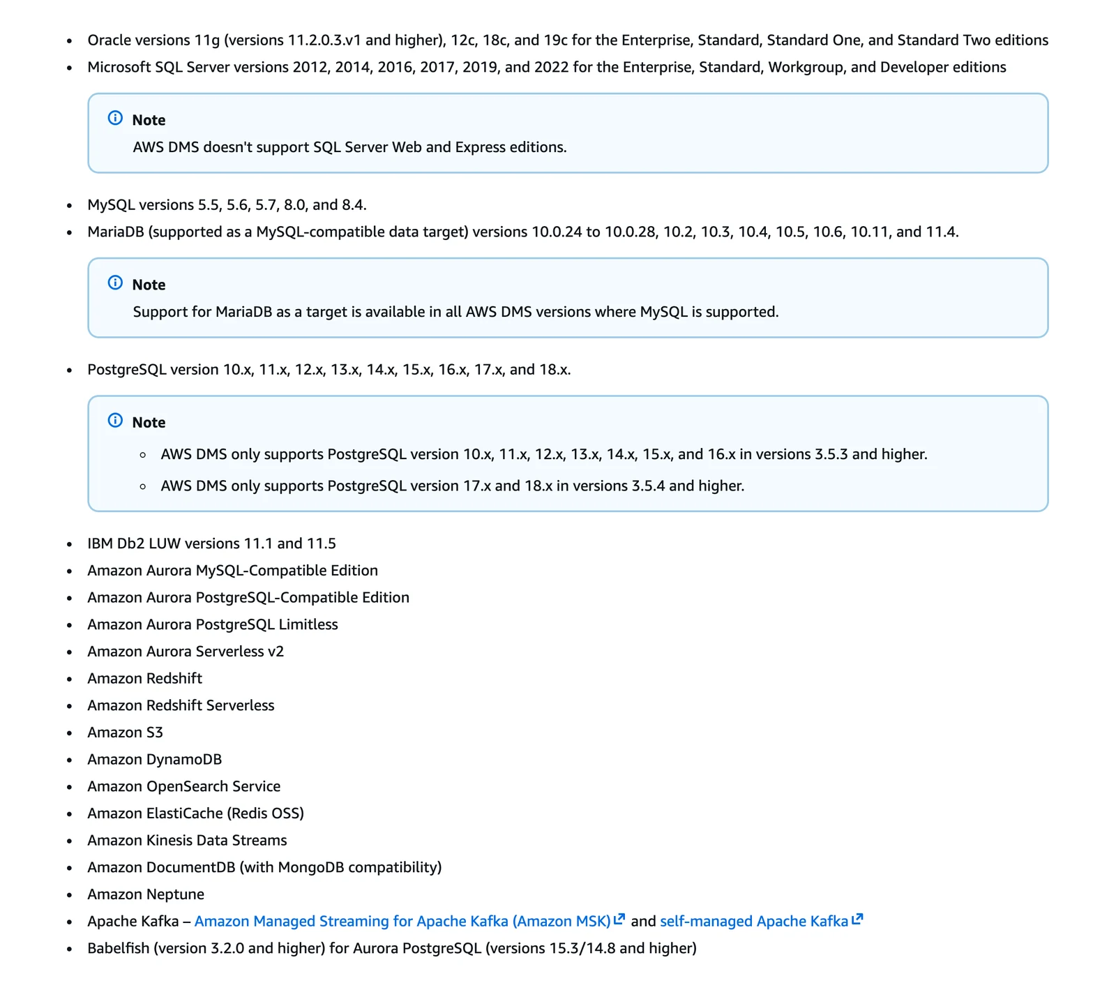 AWS DMS documentation listing target endpoints for data migration, including Amazon S3, Kinesis and Kafka, with no Apache Iceberg entry
