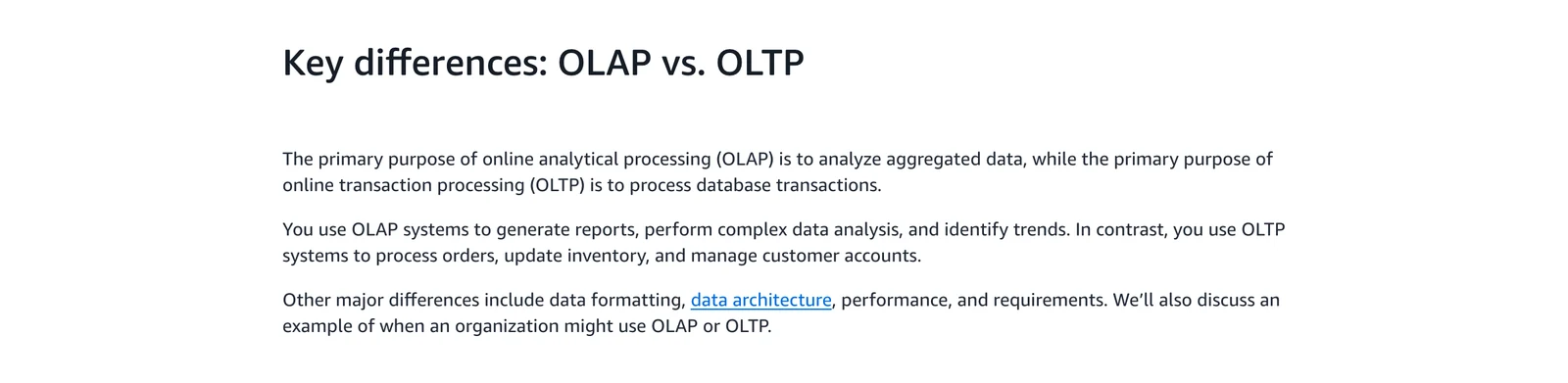 AWS page on OLAP vs OLTP: OLAP for reports and trends, OLTP for orders, inventory and customer accounts