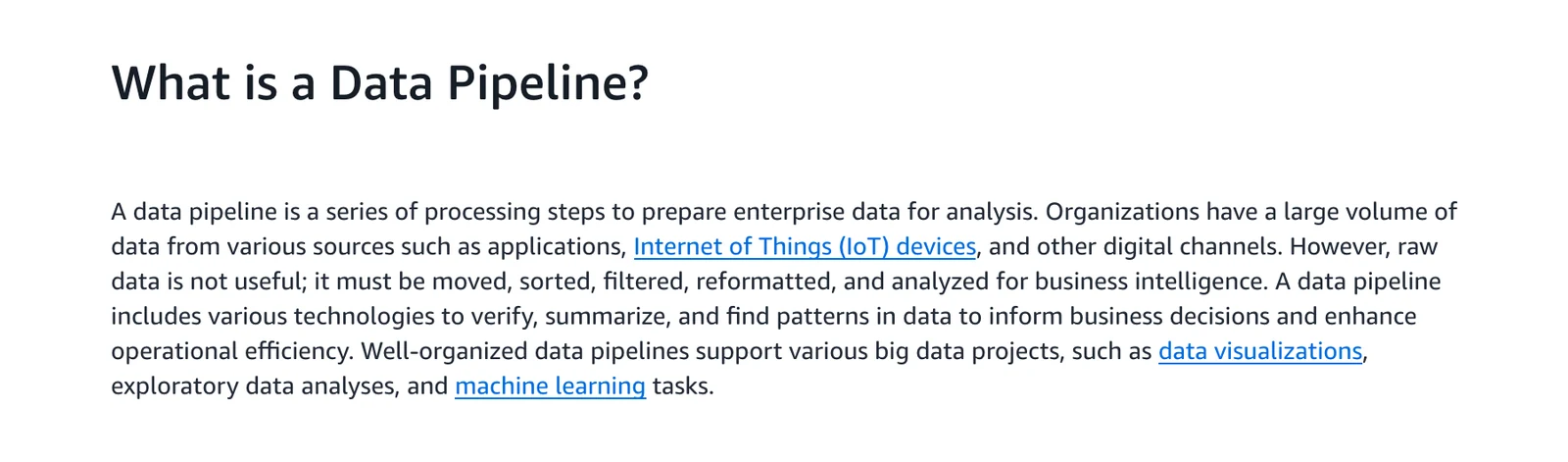 AWS page defining a data pipeline as a series of processing steps that prepare enterprise data for analysis