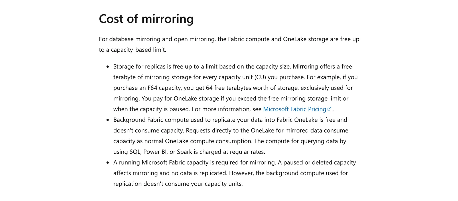 Microsoft Fabric mirroring documentation explaining that replication compute and storage are free up to a capacity-based limit