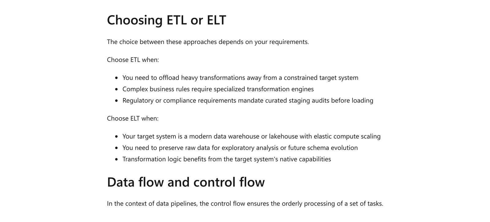 Microsoft Learn page listing when to choose ETL and when to choose ELT