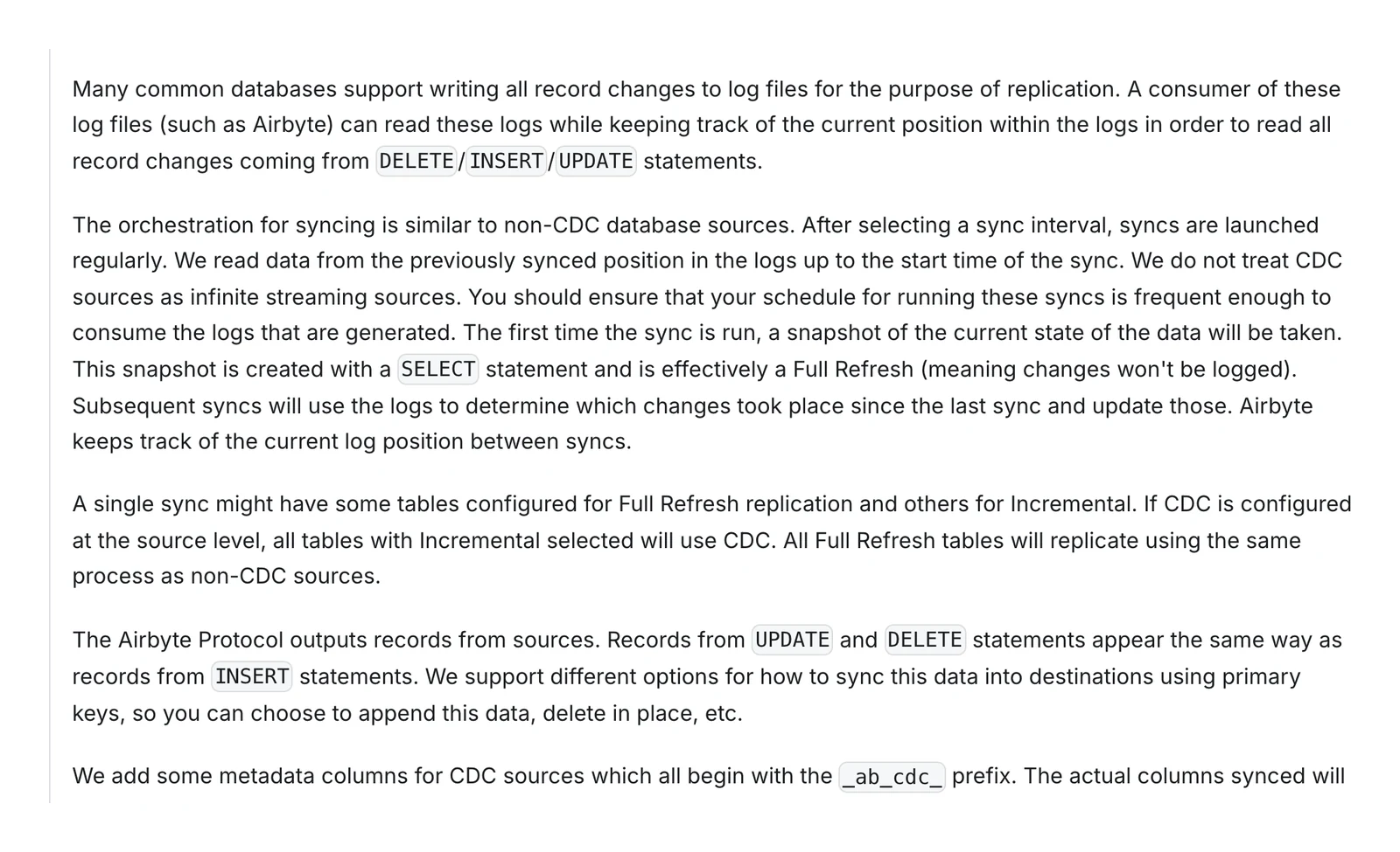 Airbyte documentation page describing change data capture as log-based incremental replication