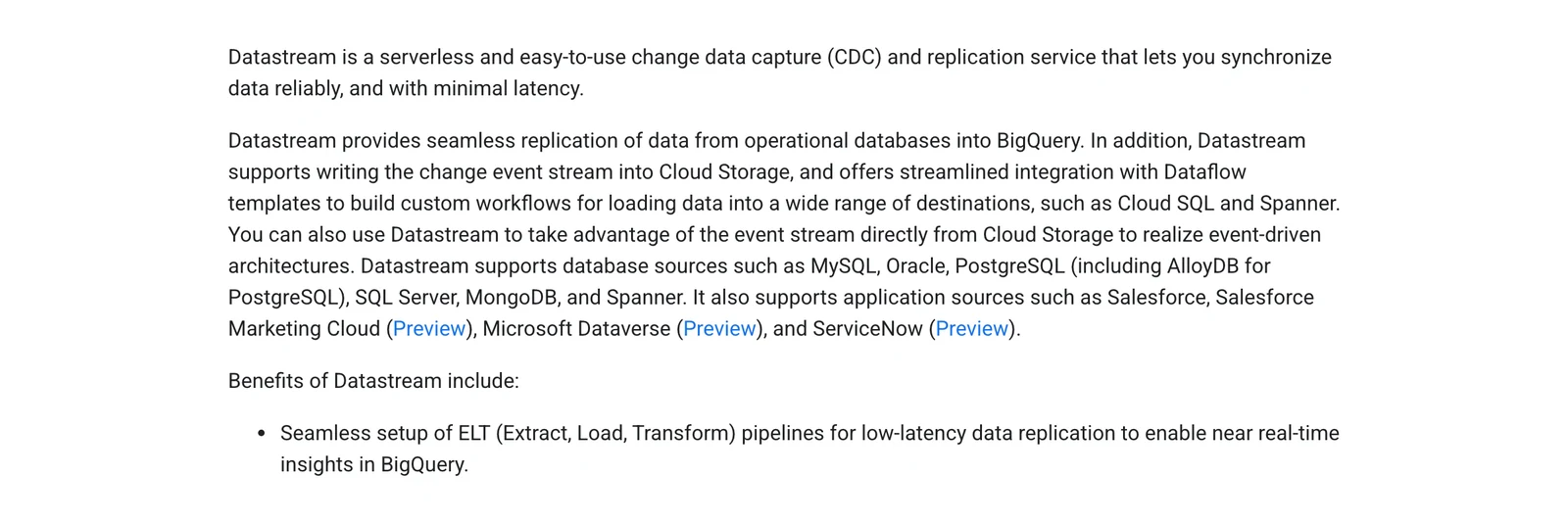 Google Cloud Datastream overview describing serverless change data capture and replication for databases