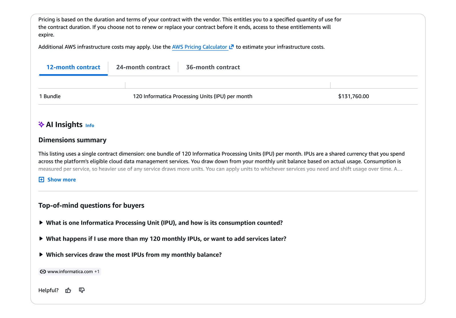 AWS Marketplace listing for Informatica showing one bundle of 120 IPUs per month at $131,760 for 12 months