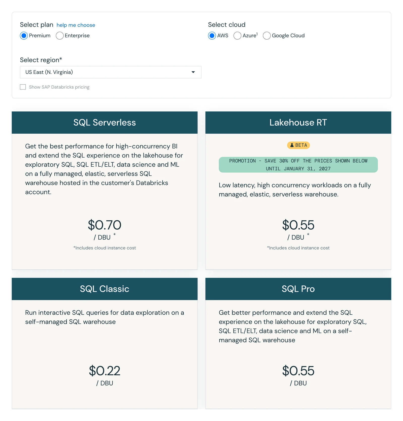 Databricks SQL pricing, Premium on AWS US East: Serverless 0.70, Pro 0.55 and Classic 0.22 dollars per DBU