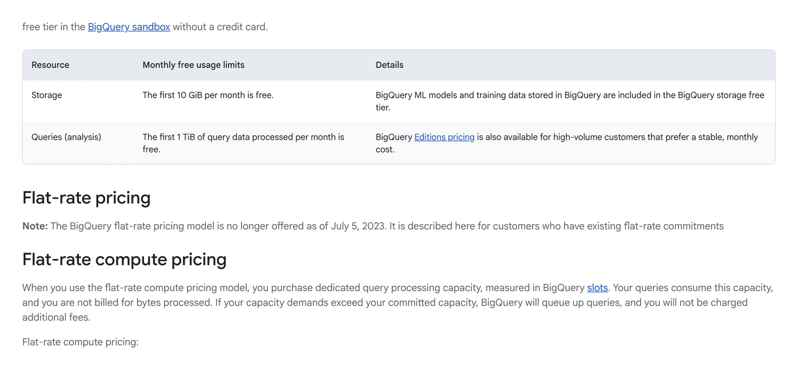 BigQuery pricing page table of monthly free usage limits showing the first 1 TiB of query data each month is free