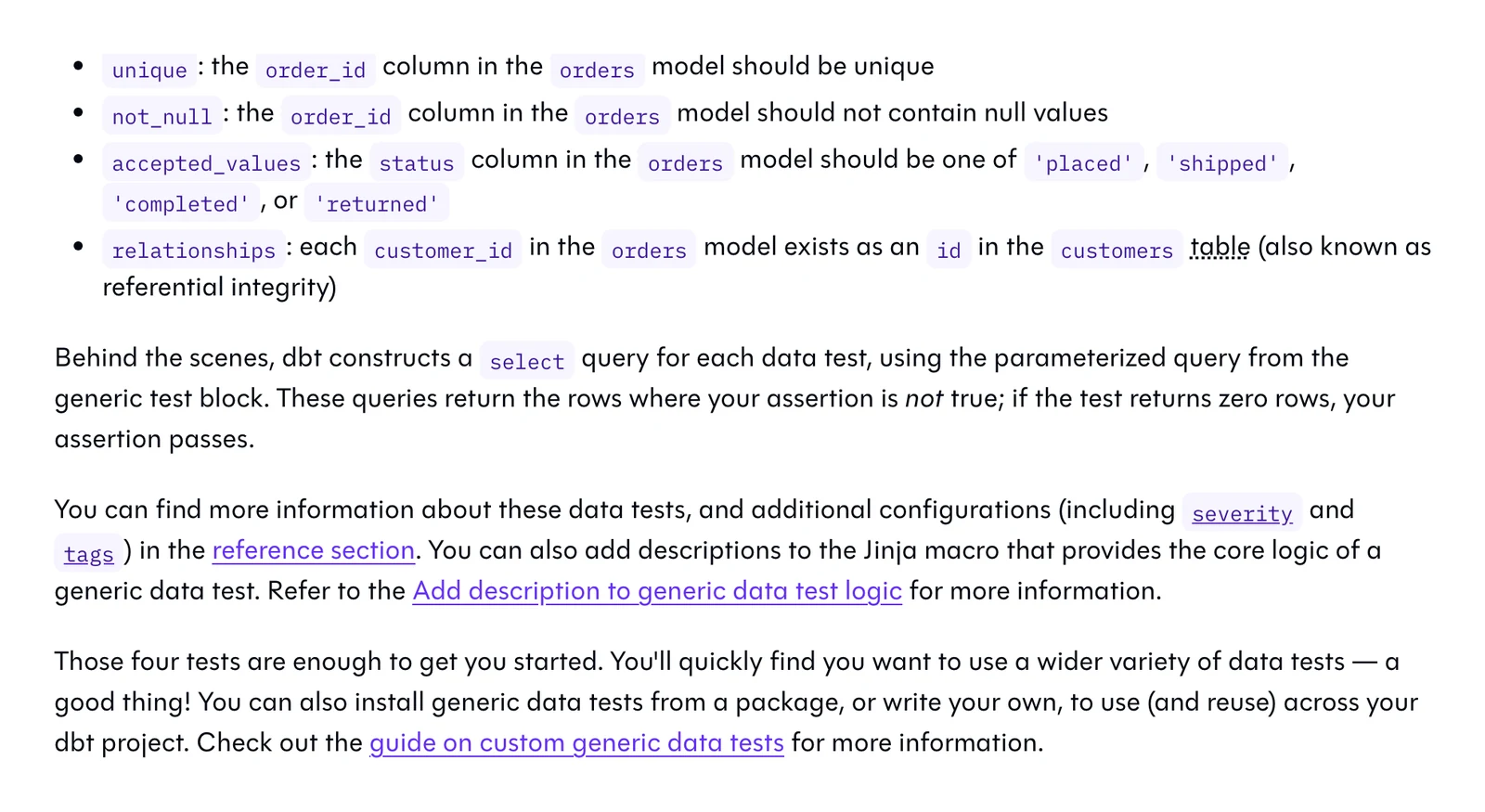 dbt docs translating four orders tests into plain English and saying a test passes on zero returned rows