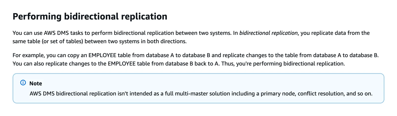AWS DMS documentation heading on bidirectional replication, with a note that it is not a full multi-master solution
