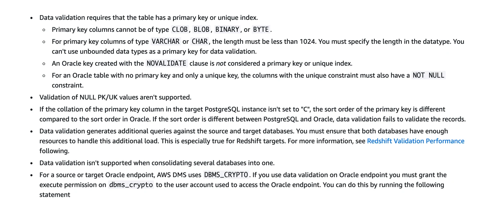 AWS DMS data validation limitations: a primary key or unique index is required, with rules for key column types and extra query load