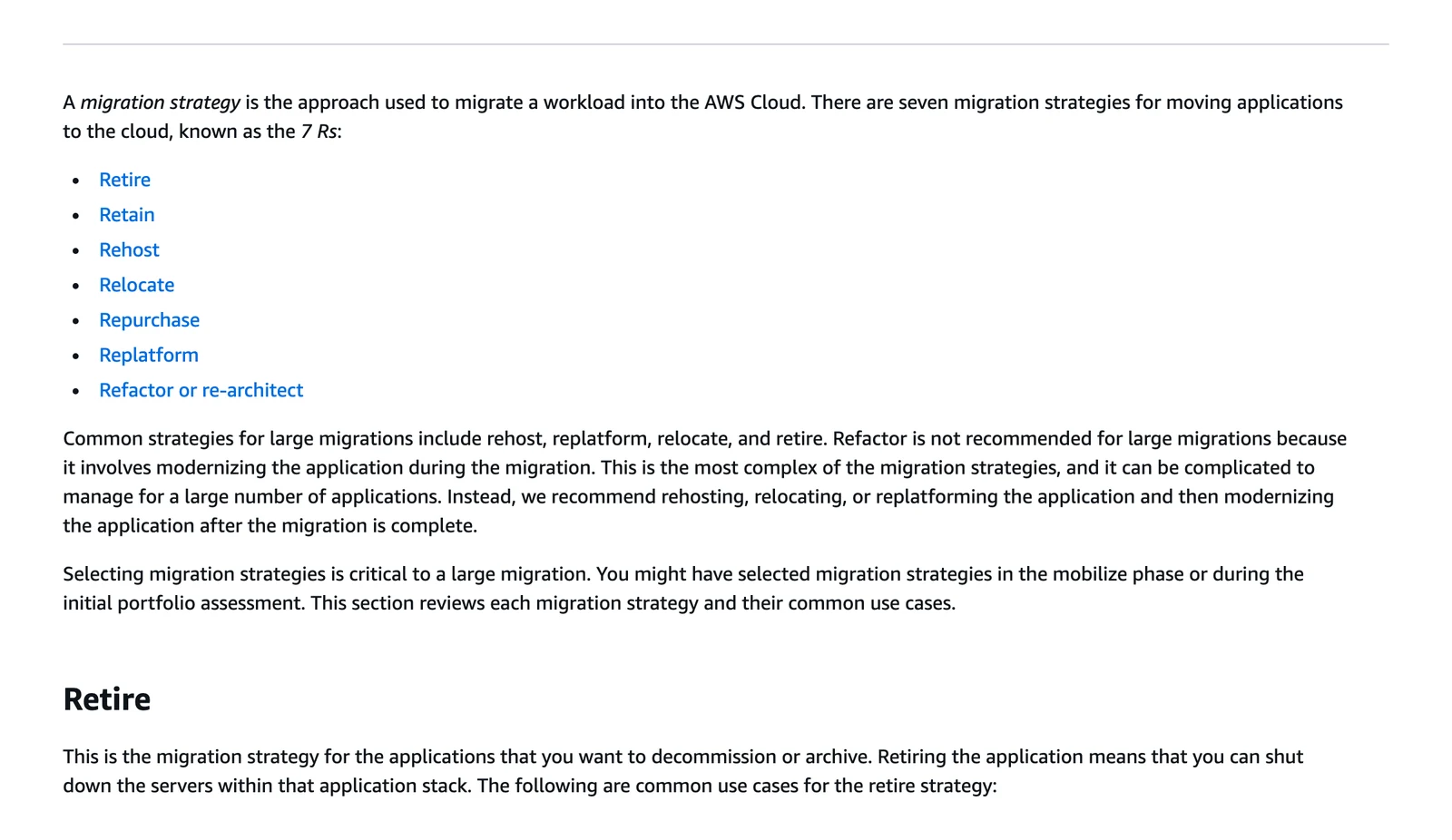 AWS Prescriptive Guidance page listing the seven migration strategies and saying refactor is not recommended for large migrations