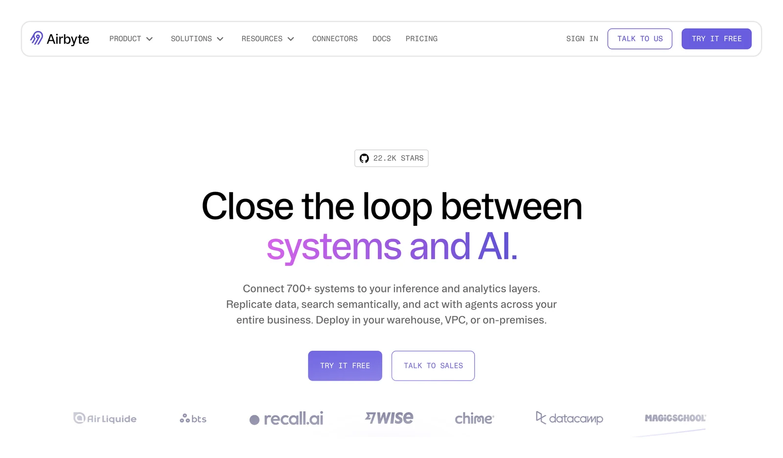 Airbyte home page headline Close the loop between systems and AI, with try it free and talk to sales buttons