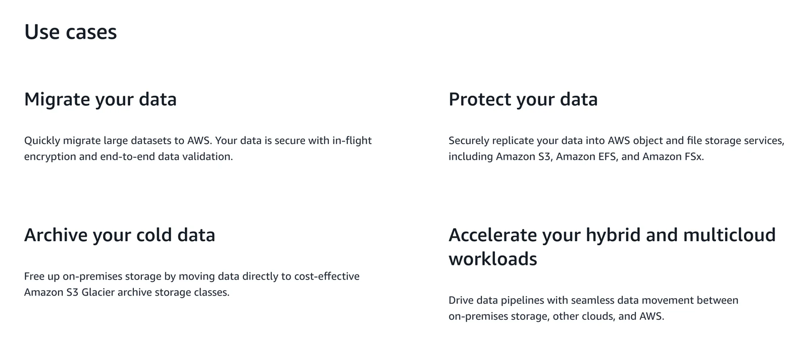 AWS DataSync page use cases section: migrate, protect, archive and accelerate hybrid and multicloud workloads