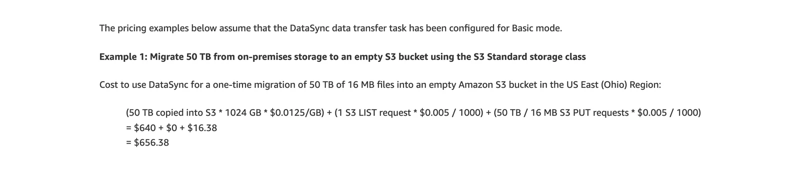 AWS DataSync pricing page showing a Basic mode example of moving 50 TB to Amazon S3 for 656 dollars