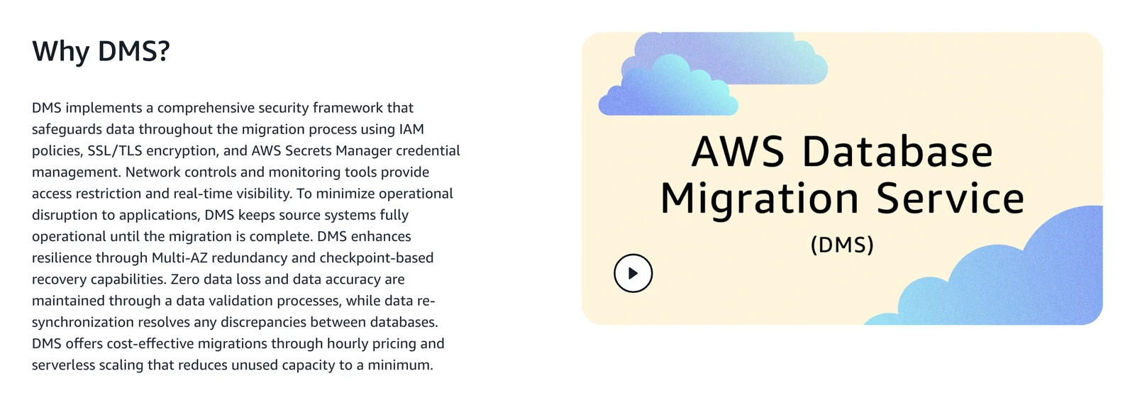 AWS Database Migration Service product page section titled Why DMS, with a paragraph on security and a video thumbnail