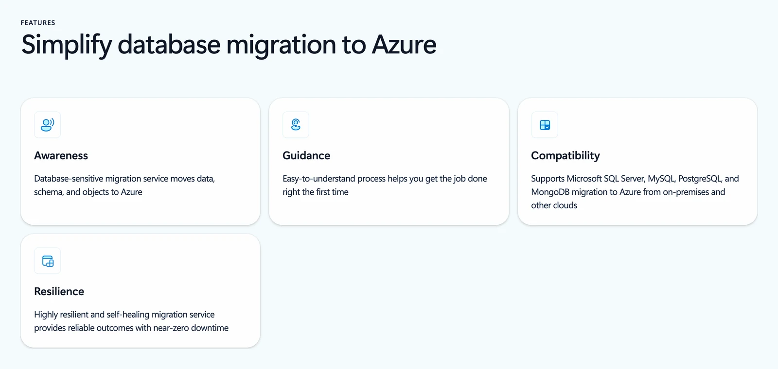 Azure Database Migration Service product page showing four feature cards: Awareness, Guidance, Compatibility and Resilience