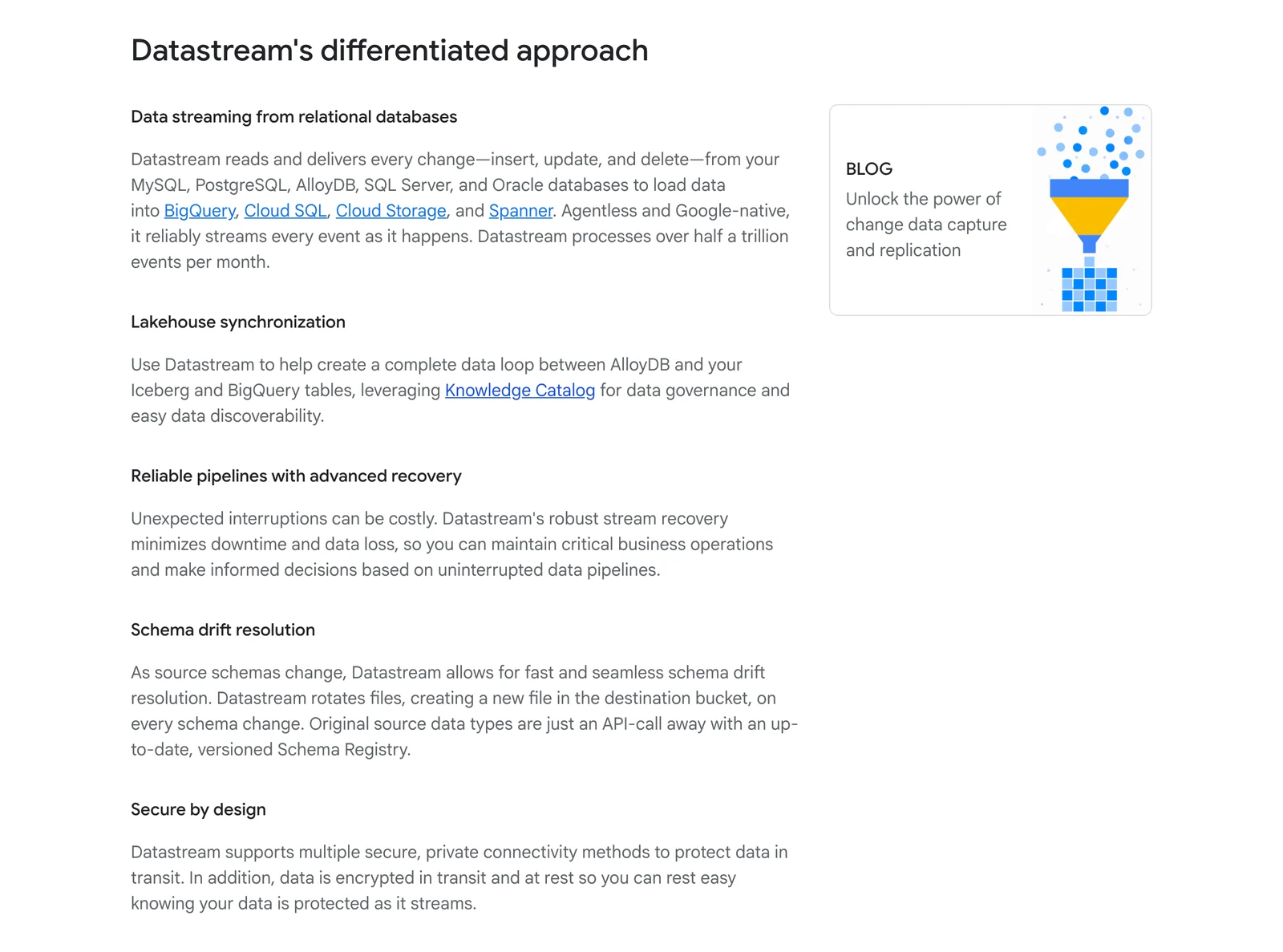 Google Cloud Datastream product page section on its approach: relational database streaming, lakehouse sync, recovery and schema drift