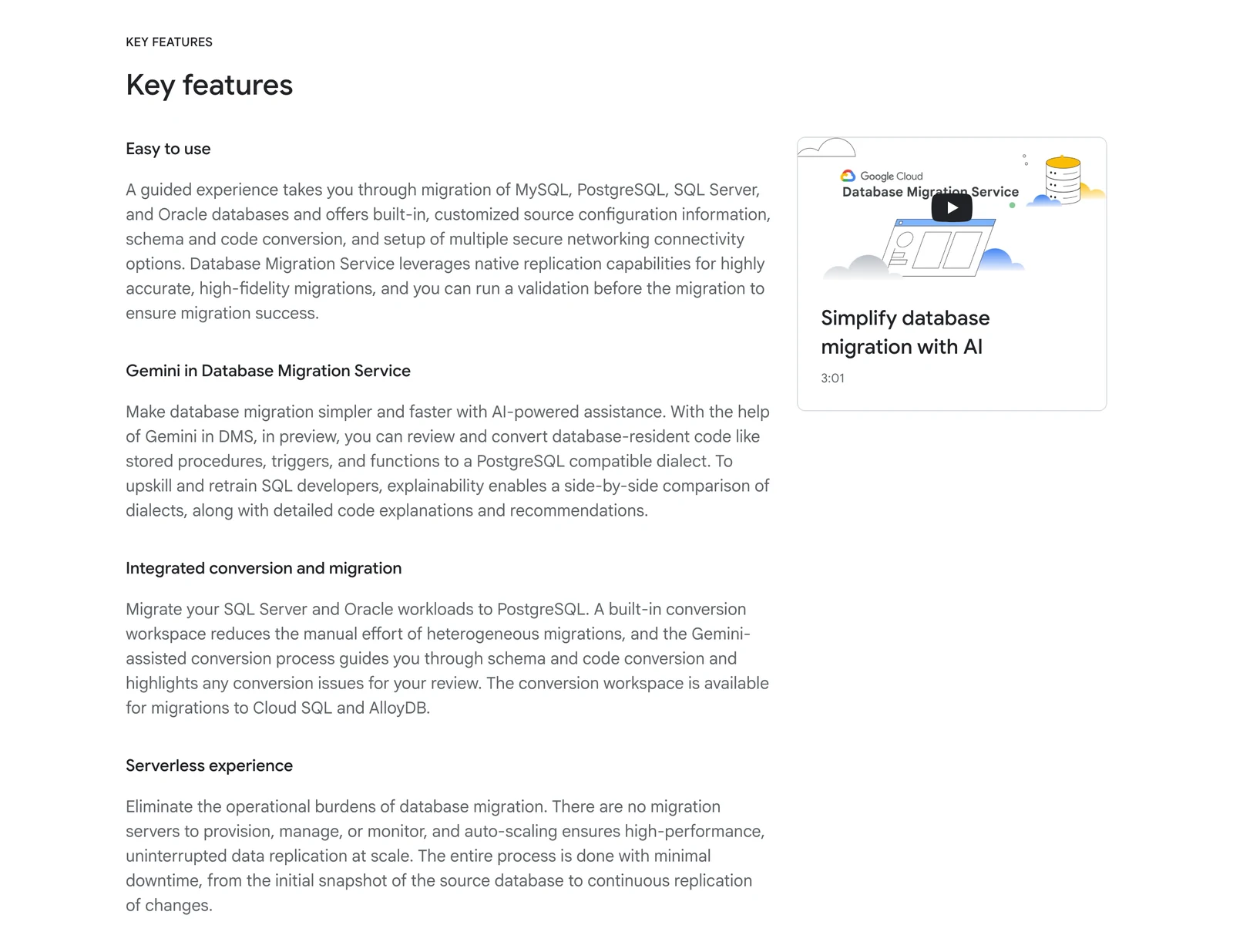 Google Database Migration Service product page Key features section with four feature descriptions and a video card
