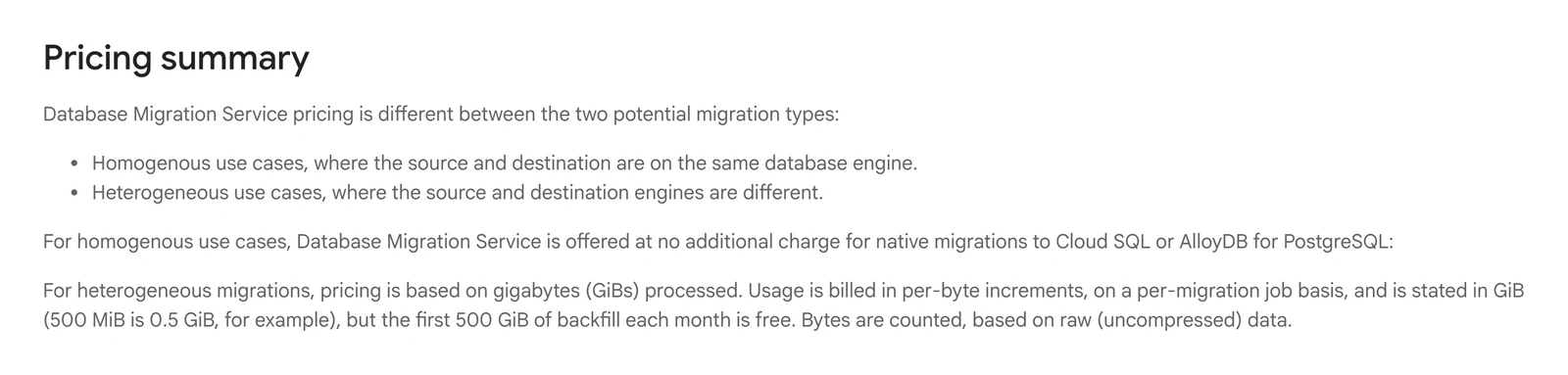 Google Database Migration Service pricing page summary: no extra charge for native homogeneous migrations, per GiB for heterogeneous