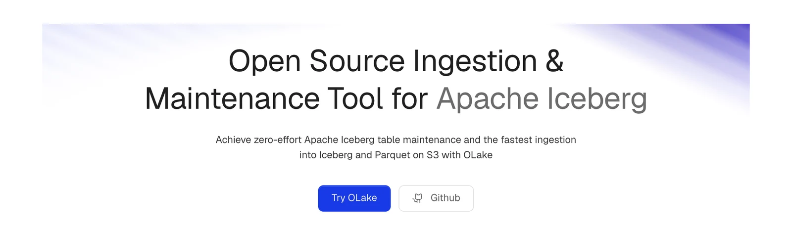 OLake home page headline reading Open Source Ingestion and Maintenance Tool for Apache Iceberg, with Try OLake and Github buttons