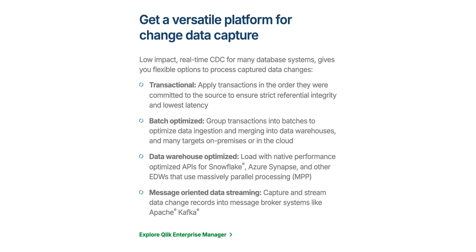 Qlik Replicate product page section on change data capture, with four delivery options and a diagram of data transport
