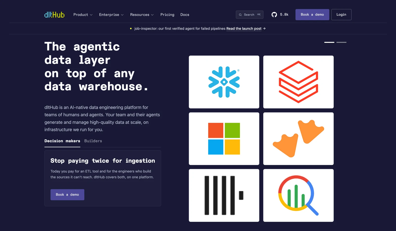 dltHub home page describing an AI-native data engineering platform
