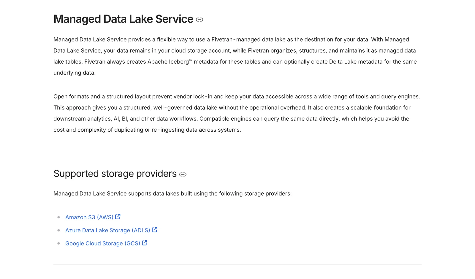 Fivetran documentation page for the Managed Data Lake Service describing Iceberg metadata and supported storage providers