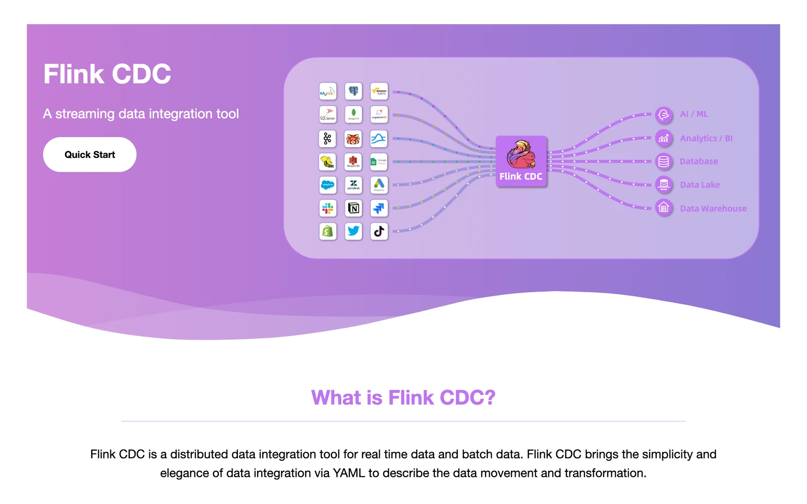 Apache Flink CDC documentation home page showing the YAML data integration tool and its sources and targets