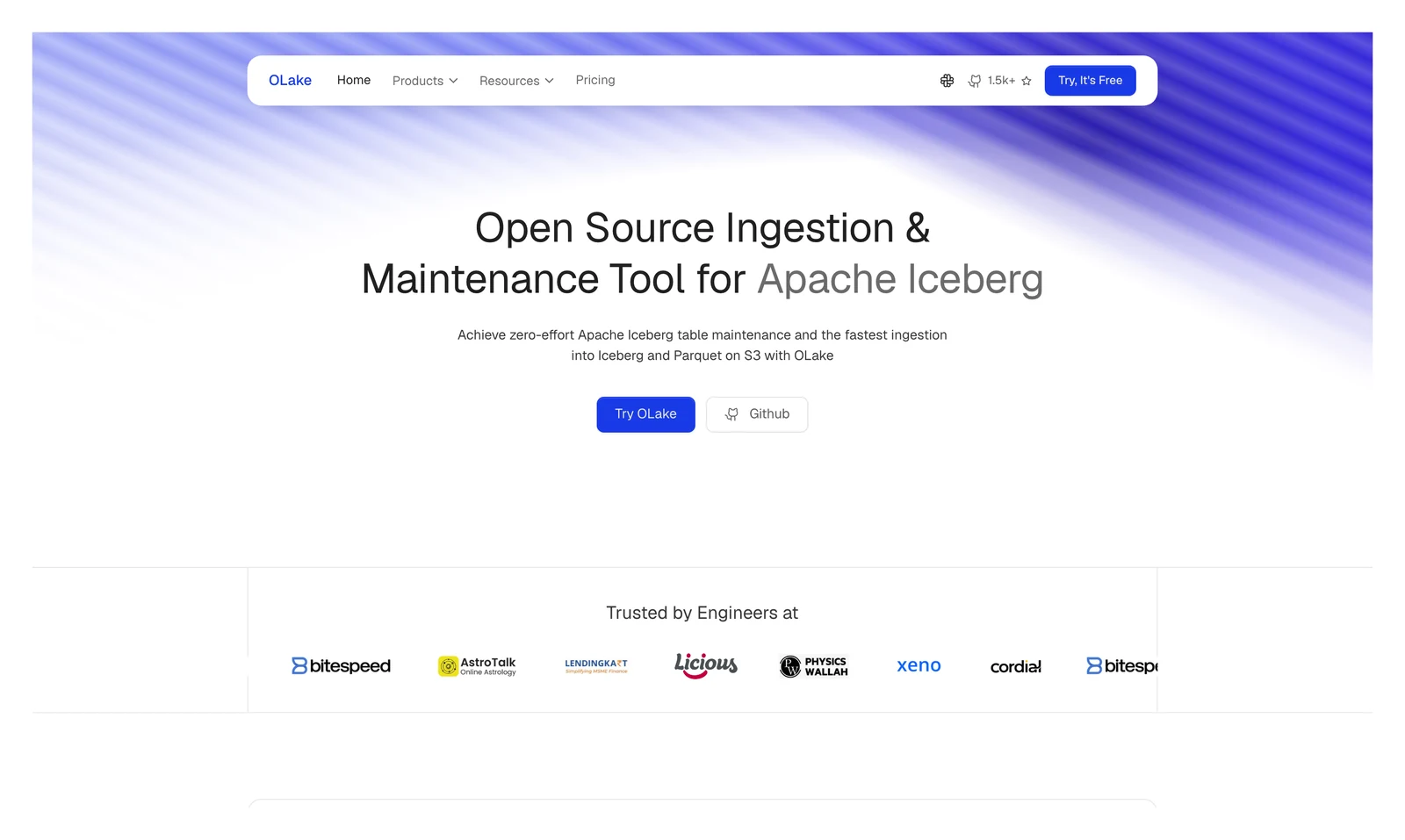 OLake home page: open source ingestion and maintenance tool for Apache Iceberg