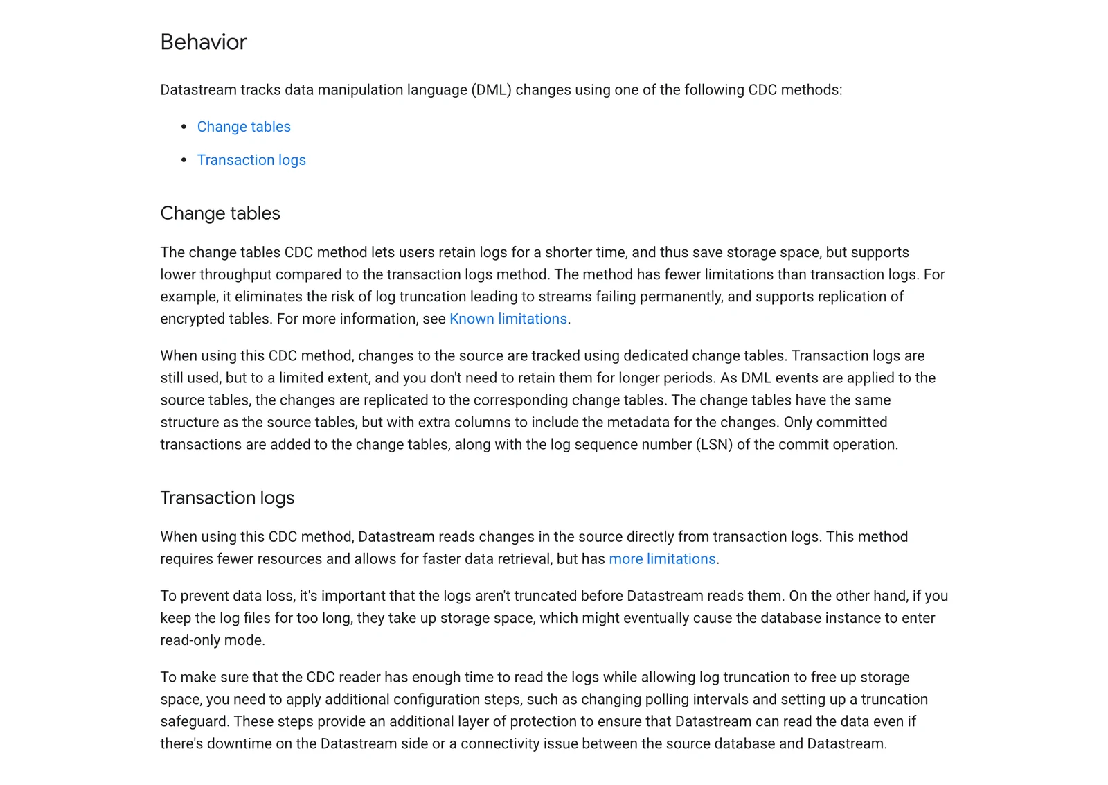 Google Datastream SQL Server source page describing the change tables CDC method and how it differs from transaction logs