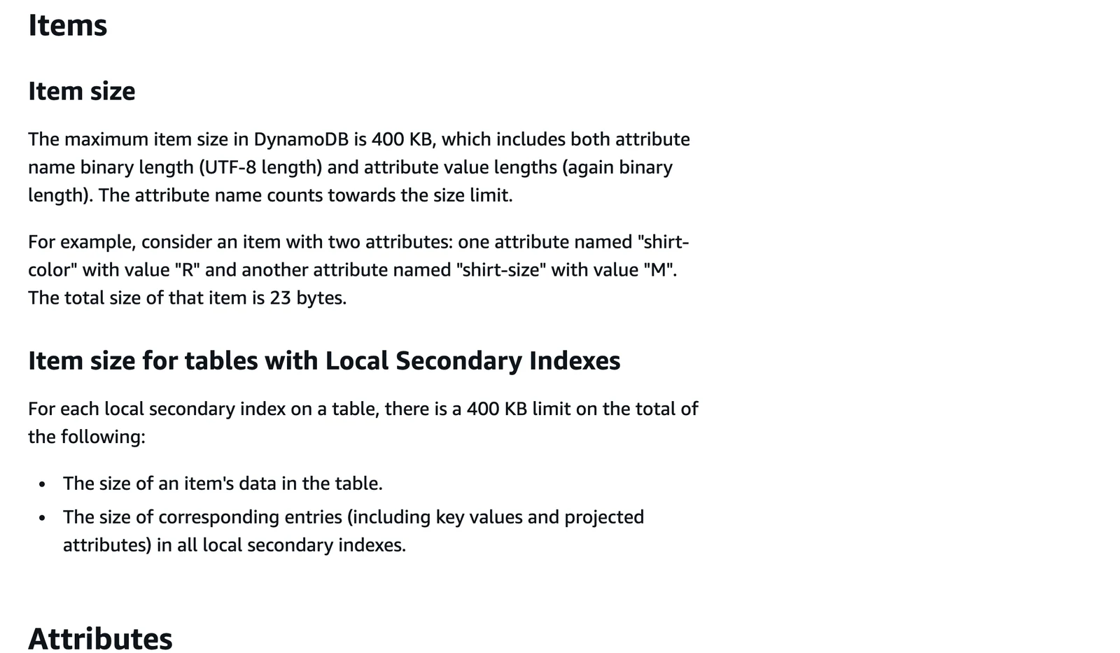 DynamoDB quotas page stating the maximum item size is 400 KB including attribute names and values