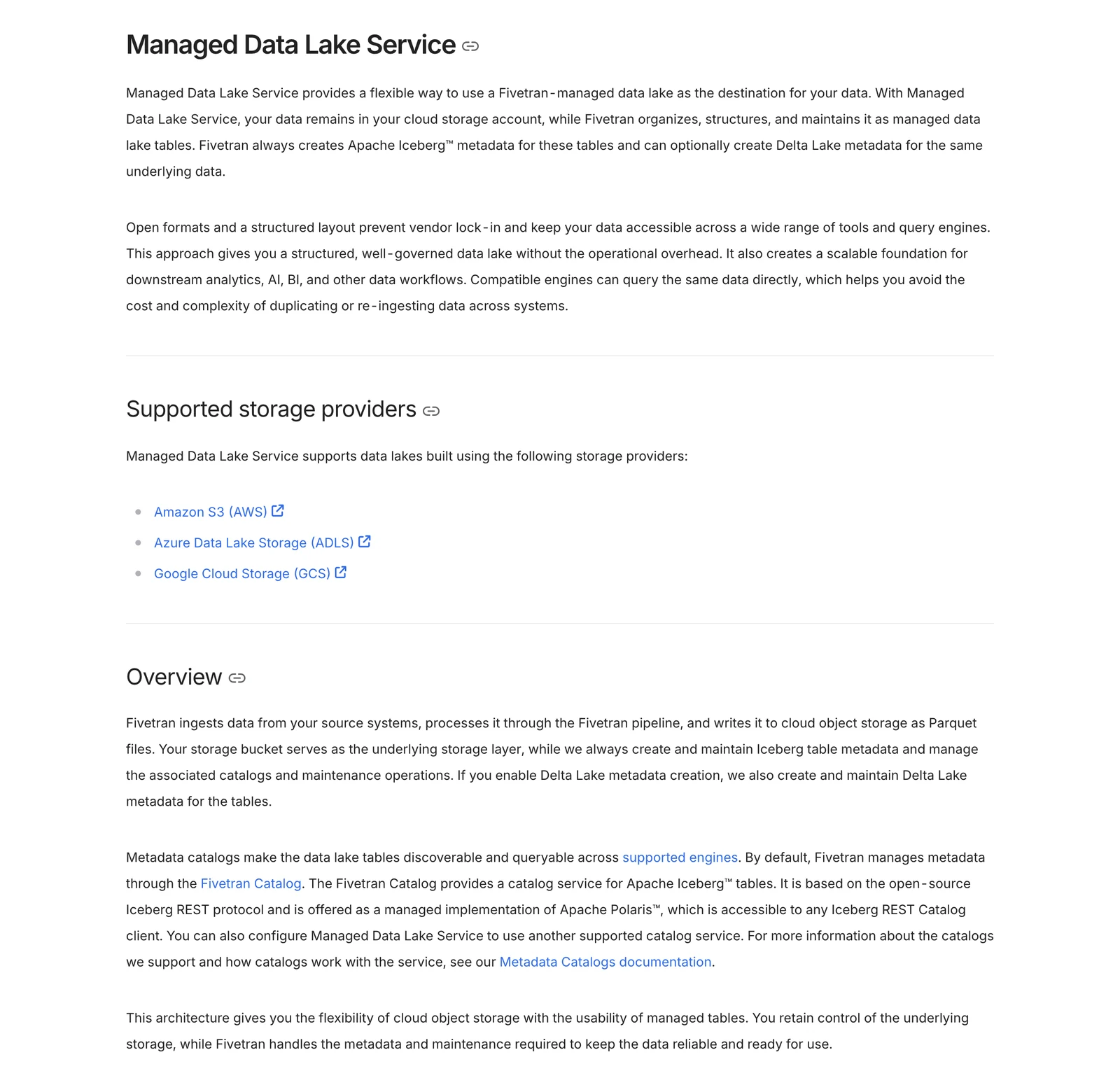 Fivetran Managed Data Lake Service documentation describing Apache Iceberg tables on cloud storage