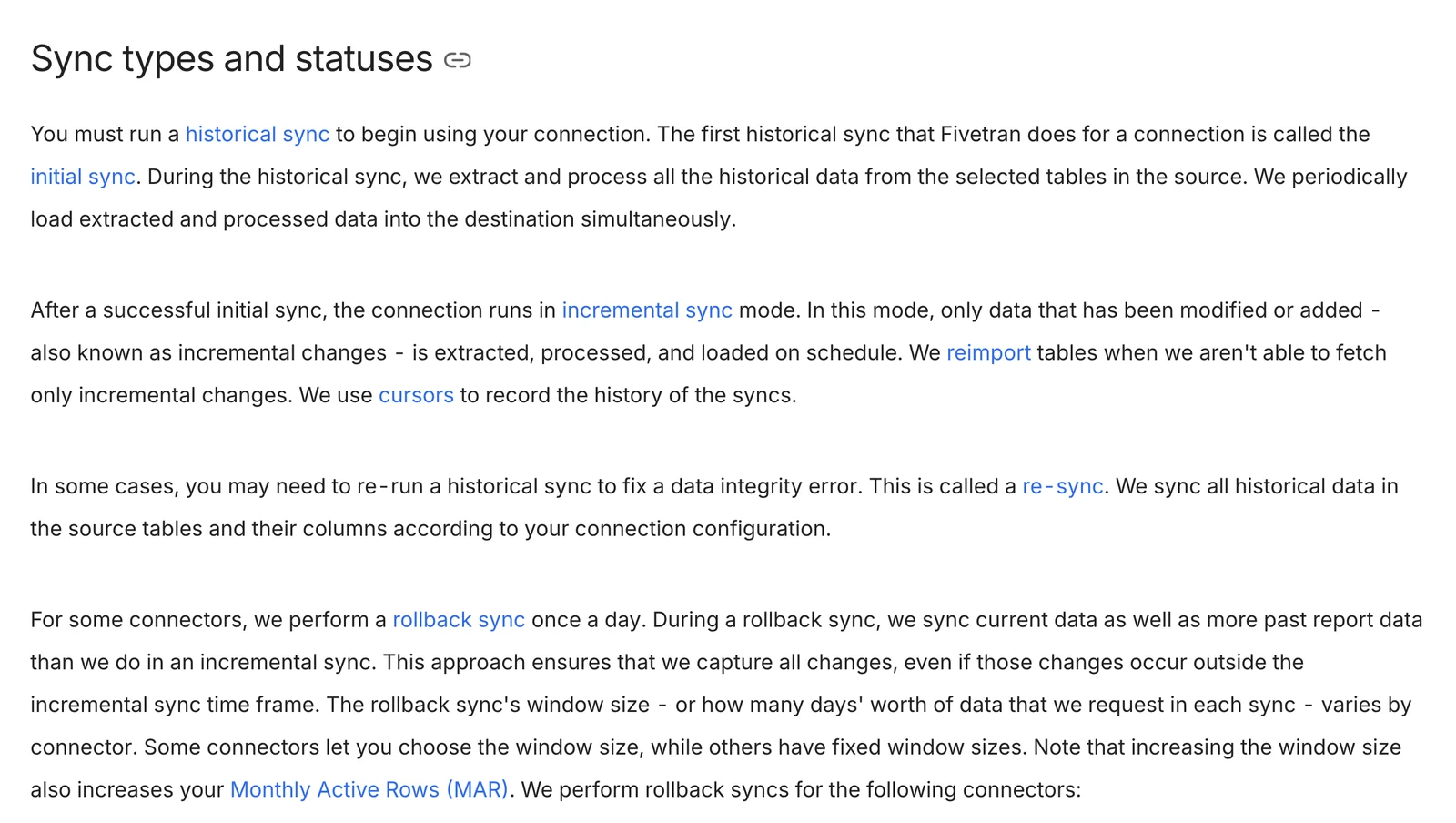 Fivetran sync overview documentation explaining the initial sync, incremental sync mode, re-sync and daily rollback sync