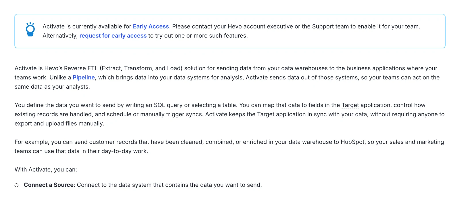 Hevo documentation page for Activate, its reverse ETL feature, marked as available for Early Access only on request
