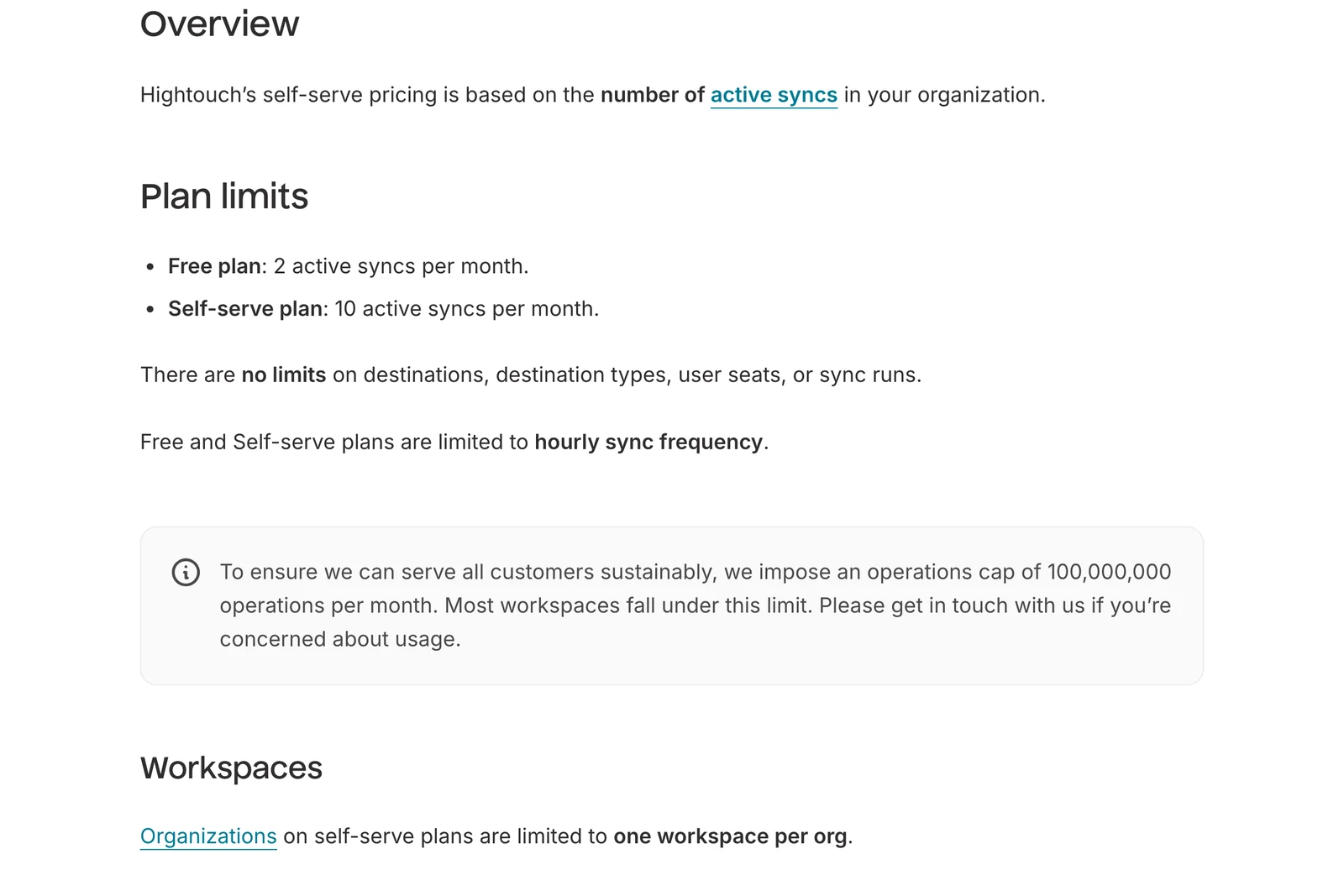 Hightouch docs page describing self-serve pricing by active syncs, with free and self-serve plan limits