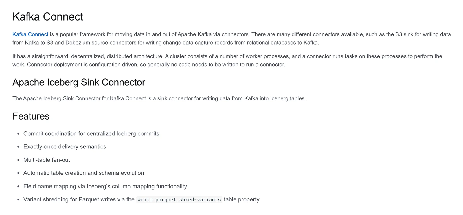 Apache Iceberg documentation listing Kafka Connect sink features such as exactly-once delivery and automatic table creation