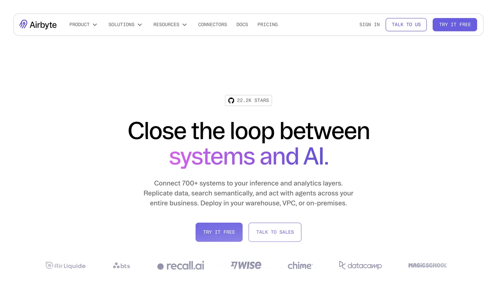 Airbyte home page showing its headline and main navigation