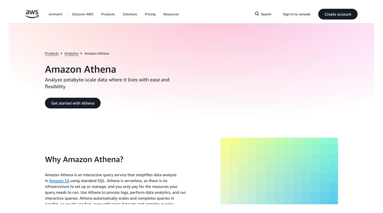 Amazon Athena home page showing its headline and main navigation