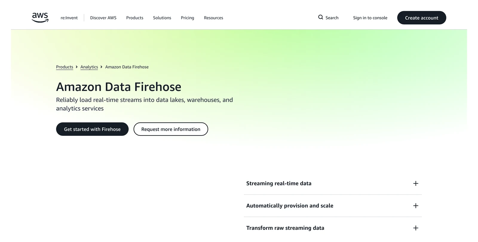Amazon Data Firehose home page showing its headline and main navigation