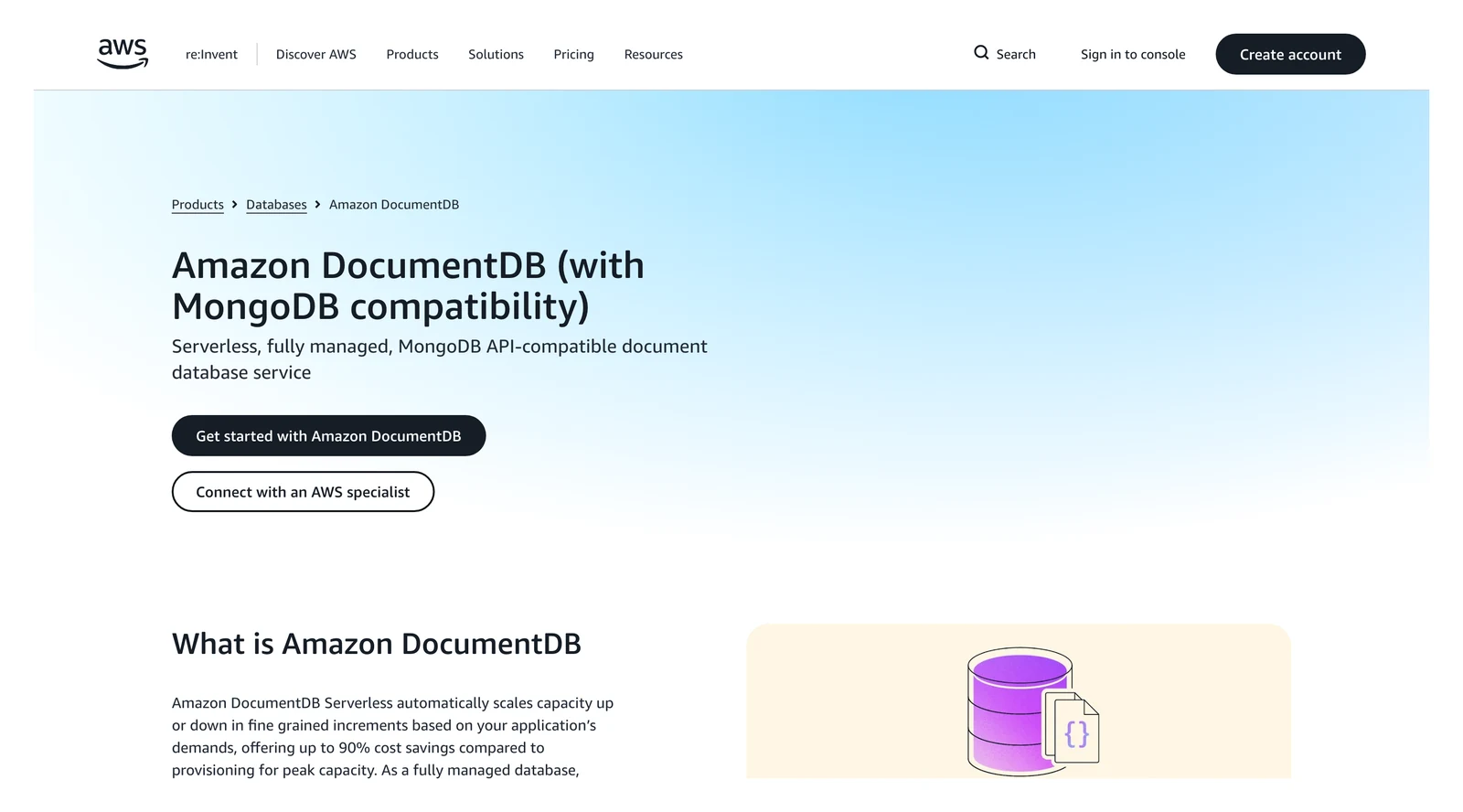 Amazon DocumentDB home page showing its headline and main navigation