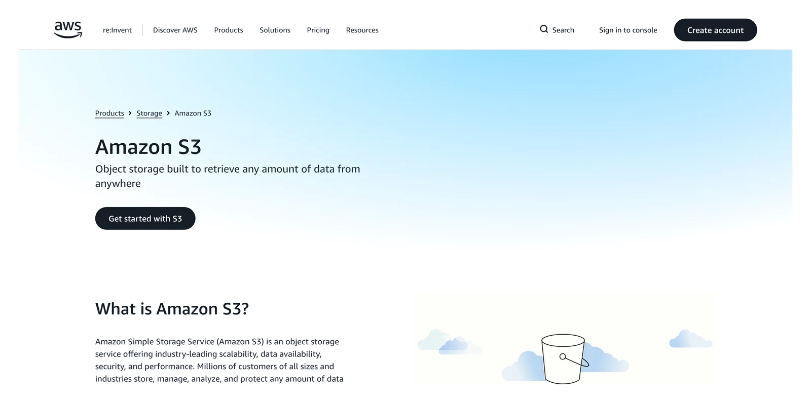 Amazon S3 home page showing its headline and main navigation