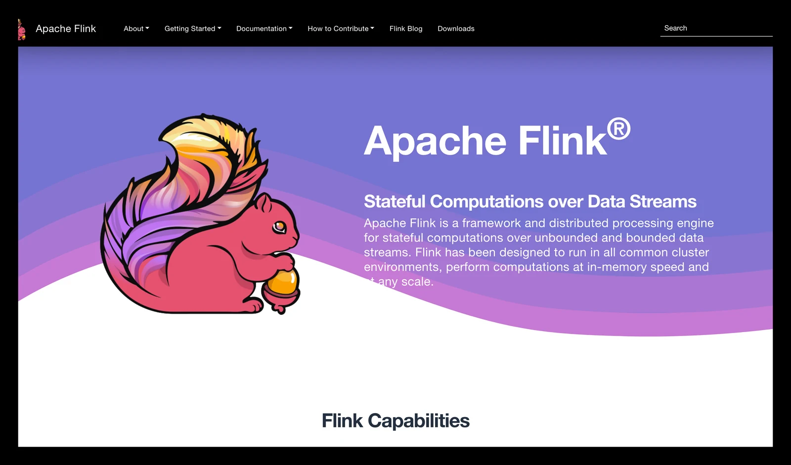Apache Flink home page showing its headline and main navigation