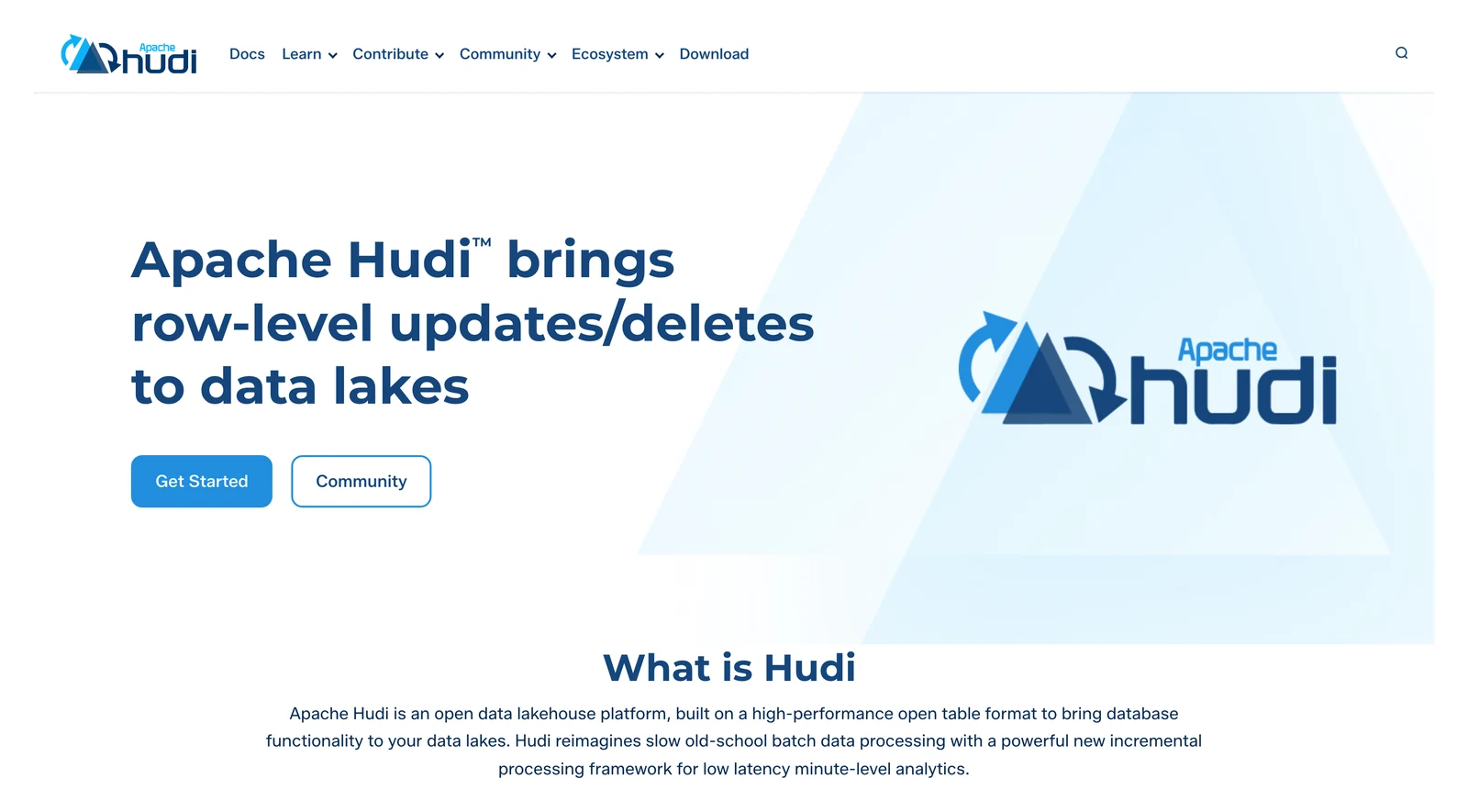 Apache Hudi home page showing its headline and main navigation