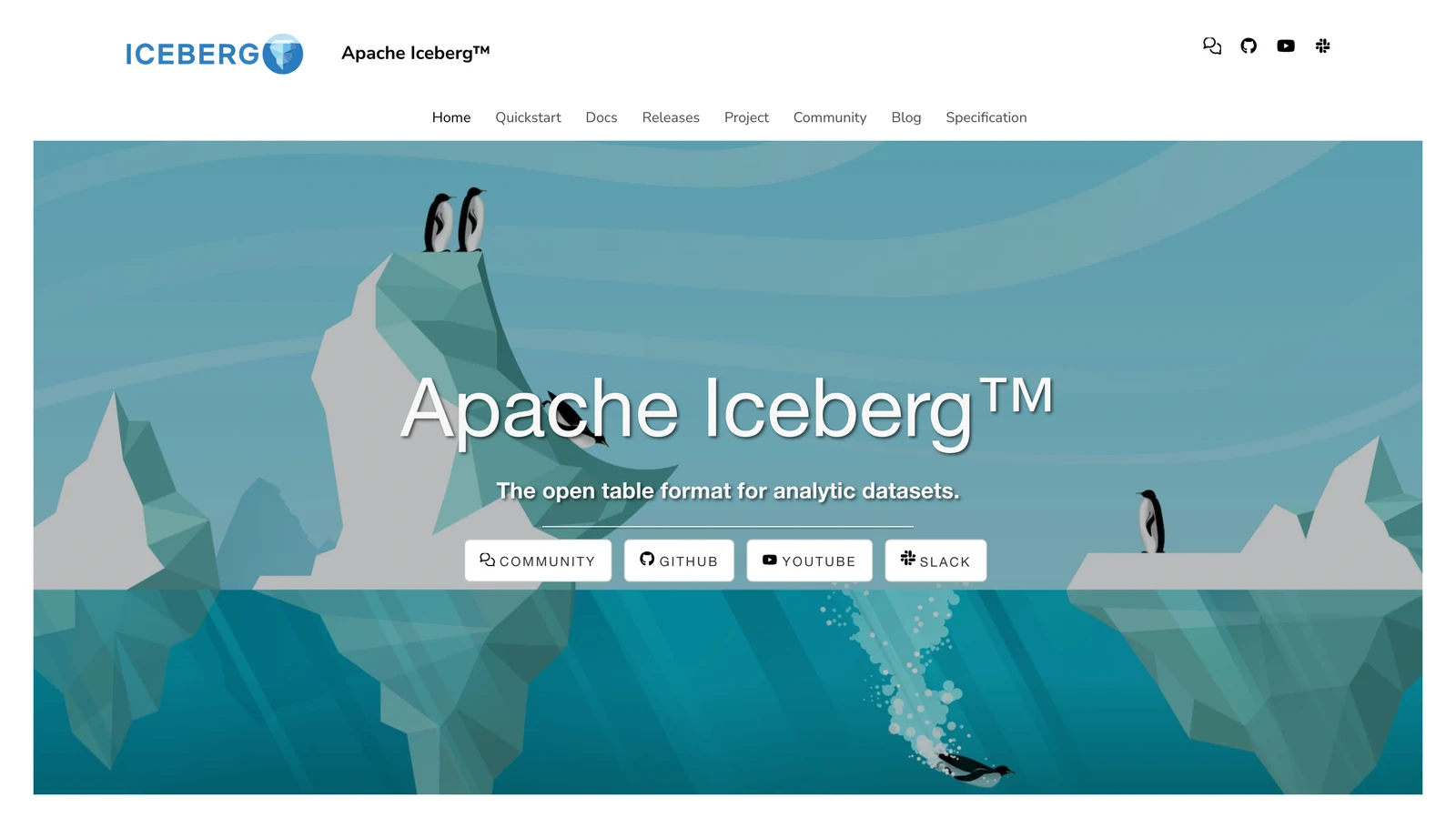 Apache Iceberg home page showing its headline and main navigation