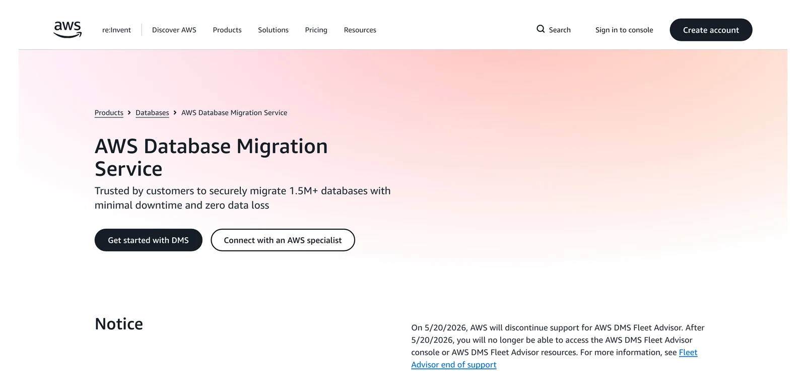 AWS DMS home page showing its headline and main navigation