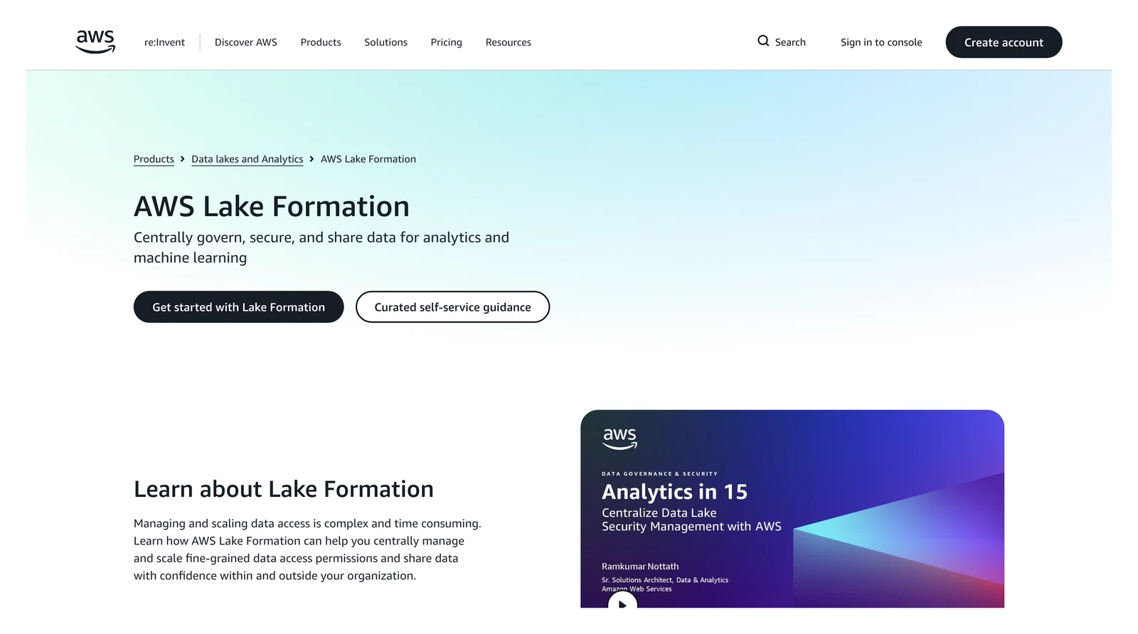 AWS Lake Formation home page showing its headline and main navigation