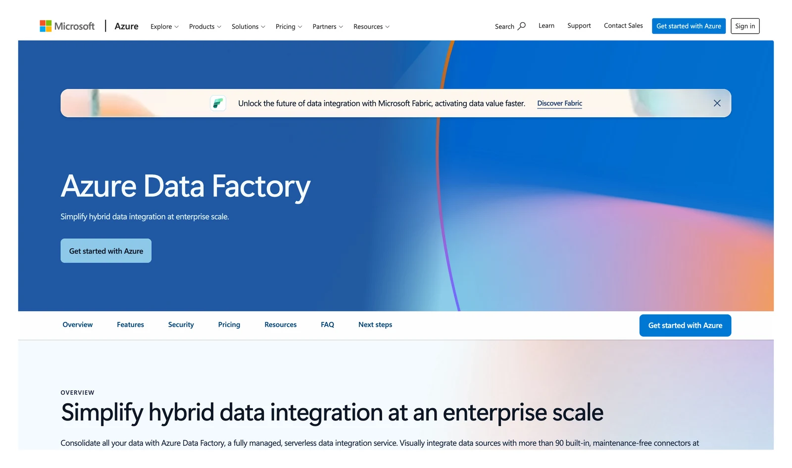 Azure Data Factory home page showing its headline and main navigation
